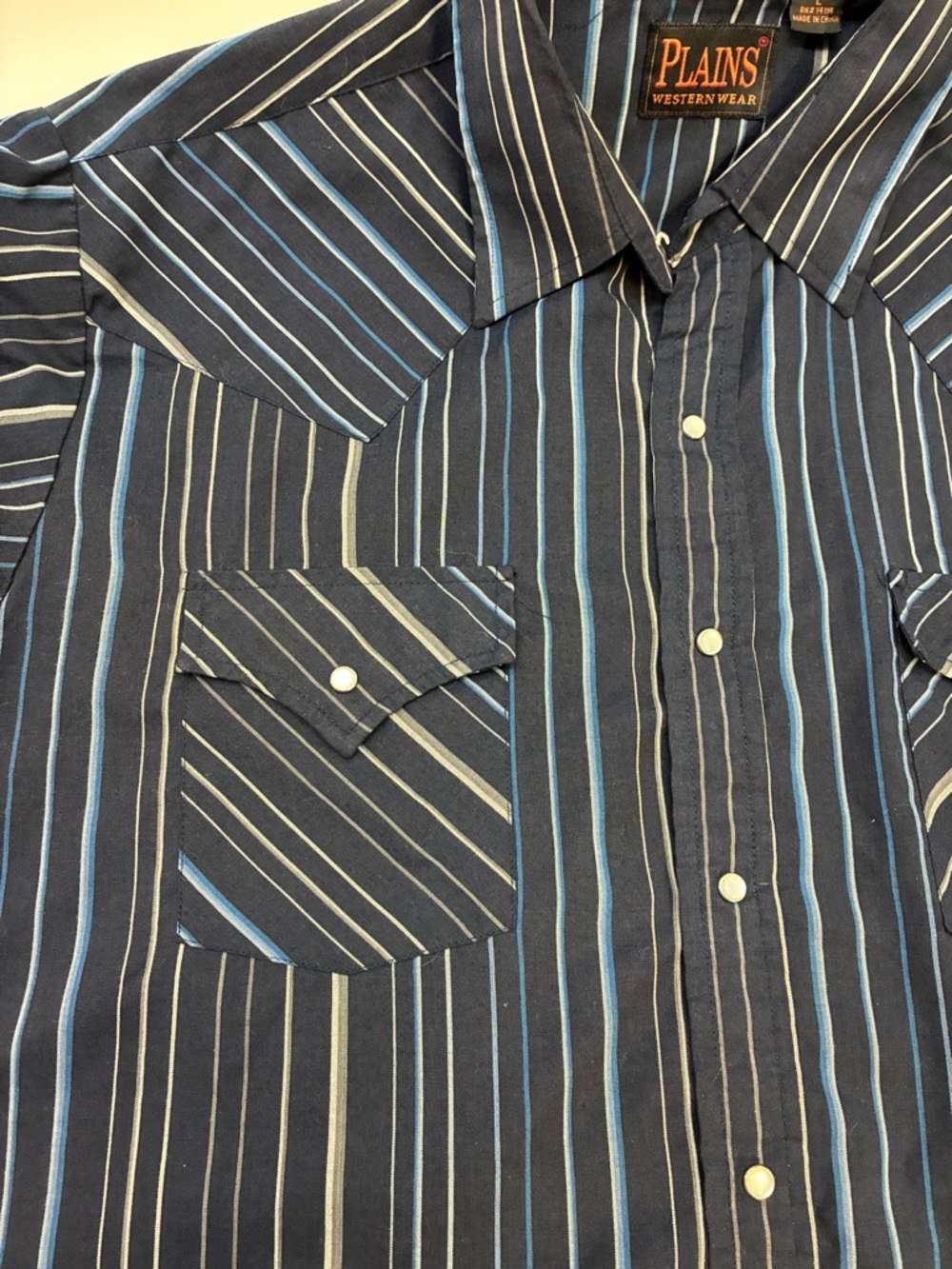Vintage Plains Western Wear striped short-sleeve western pearl-snap shirt; LARGE